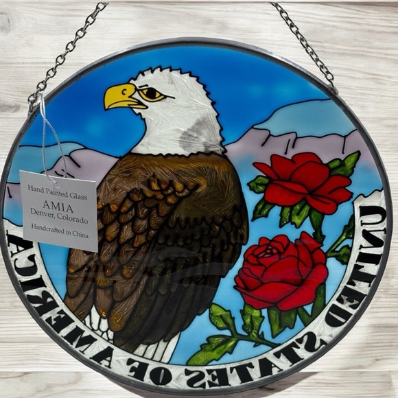Amia Round USA Bald Eagle Red Rose Hand Painted Glass Sun Catcher NIB - Picture 2 of 8